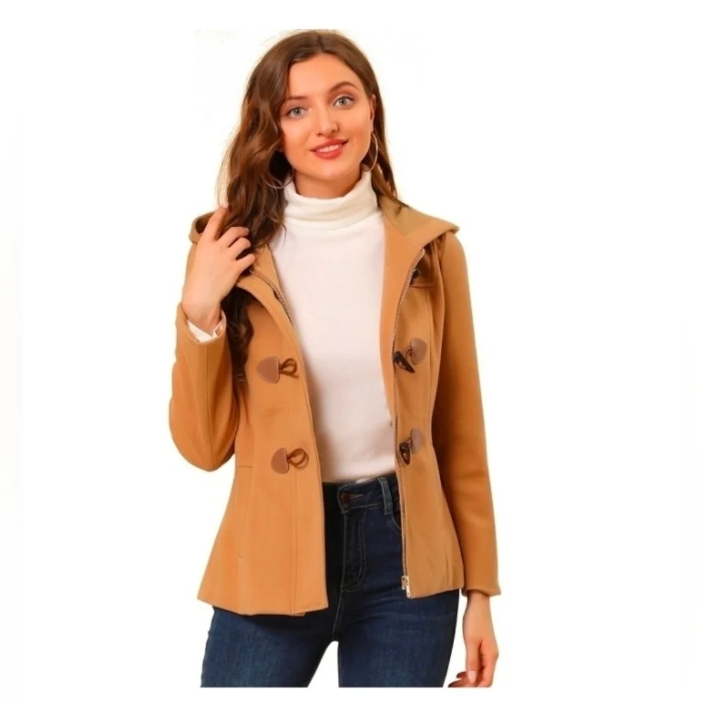Allegra K Women's Casual Winter Outwear Hooded Button Peacoat Toggle Duffle Coat